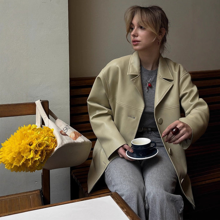 Women Boxy Oversized Blazer Jacket made of vegan leather imitation with dropped shoulder Amarae