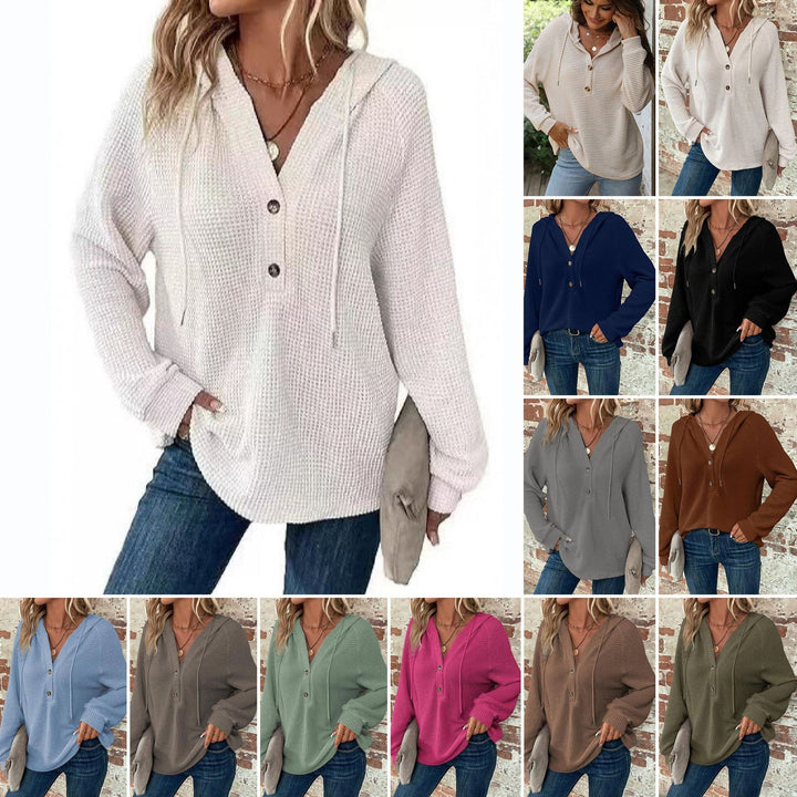 Women Waffle Knit Hoodie with Henley Button Placket and Oversized Cut Amarae