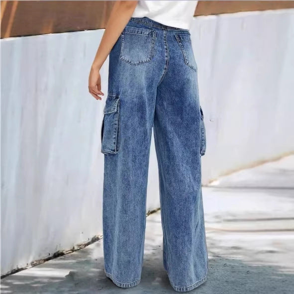 Women's high-waisted wide cargo denim pants in palazzo style with patch side pockets Amarae