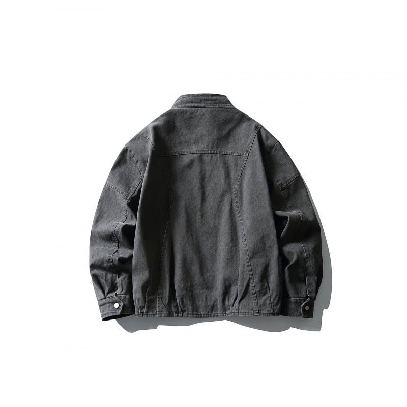 Men's Lightweight Worker Jacket made of Stonewashed Cotton Blend with Stand Collar Amarae