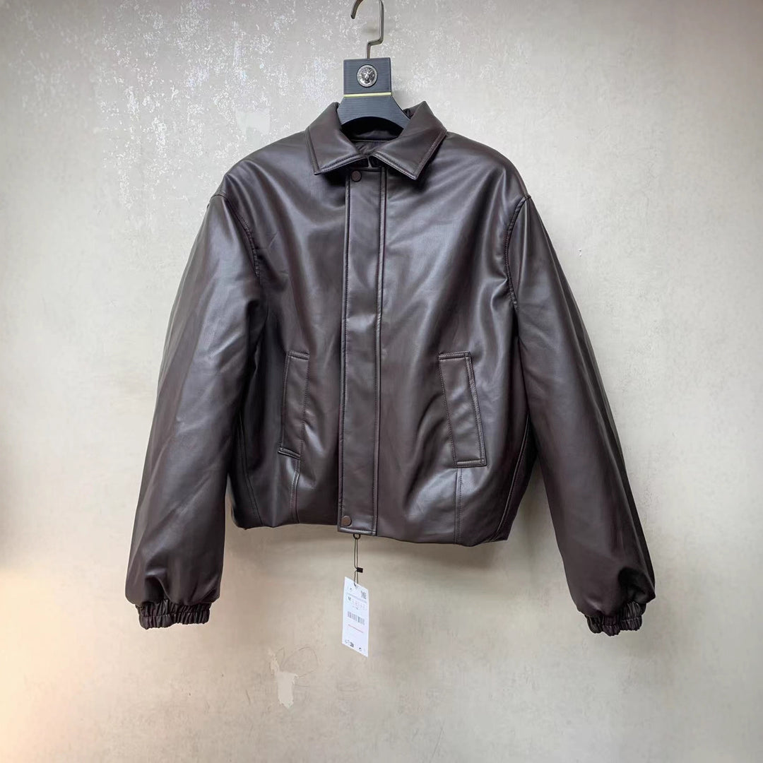 Men's Short Smooth Leather Jacket with Shirt Collar and Concealed Zip Placket Amarae