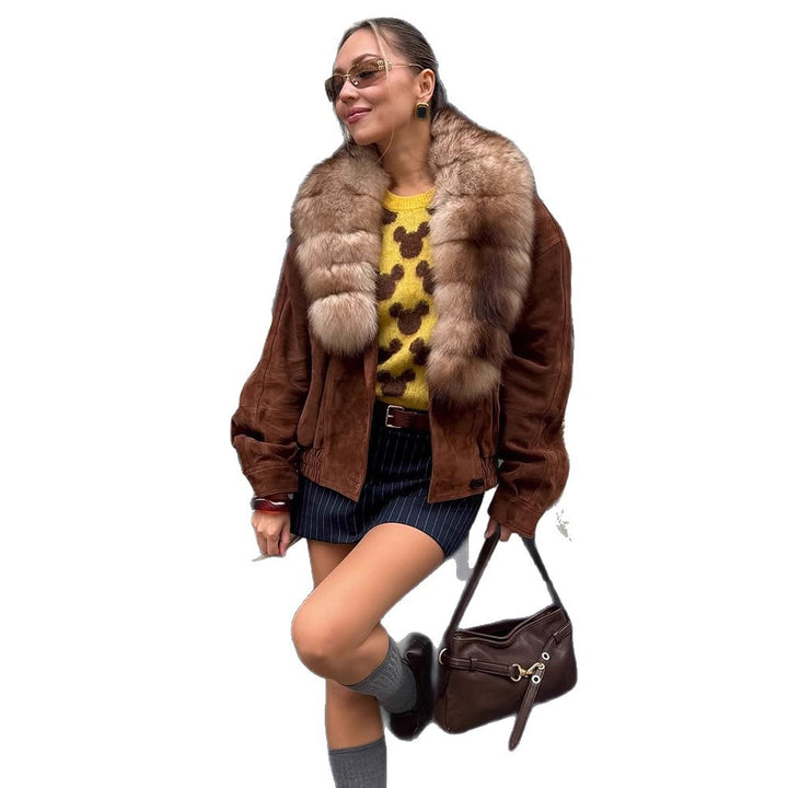 Women's suede bomber jacket with voluminous fur scarf and elastic hem Amarae