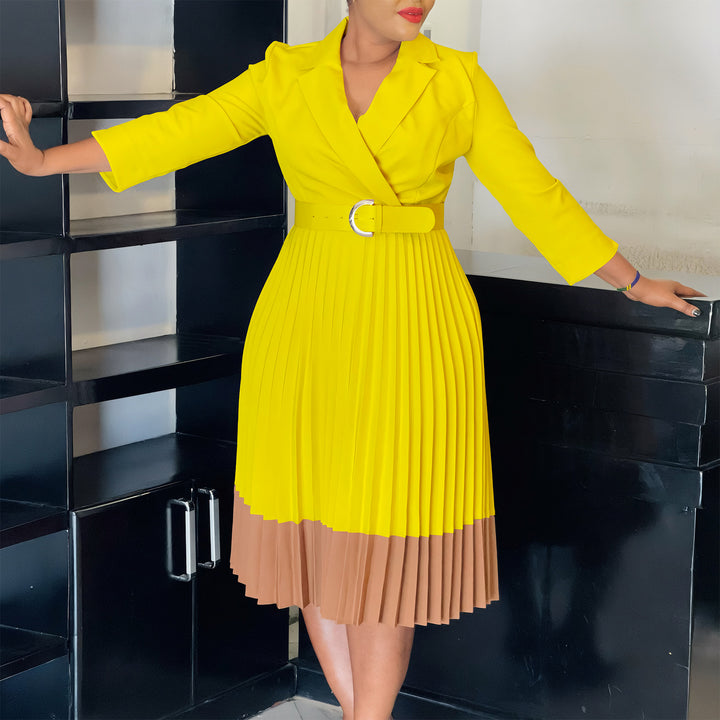 Elegant pleated dress for women with fitted blazer top and belt Lune London