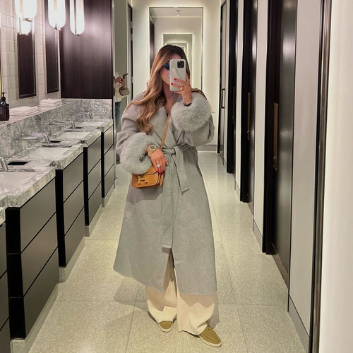 Ladies Elegant Long Coat with Removable Fur Sleeves Amarae