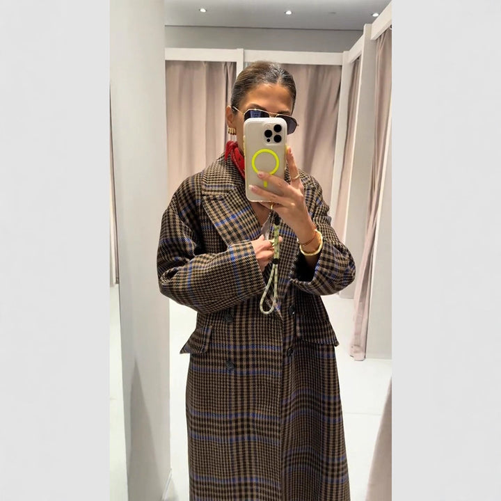 Women Maxilength Oversized Double-Breasted Coat with Emphasized Shoulder and Flap Pockets Amarae