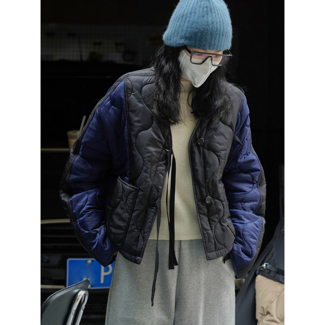 Women's Padded Oversized Quilted Jacket with Contrasting Sleeves and Button Placket Amarae