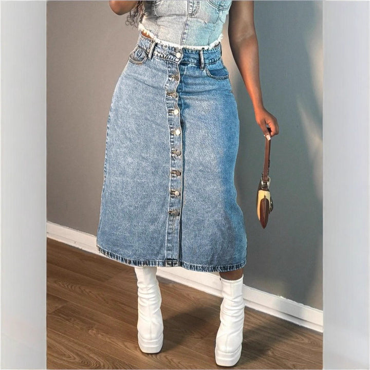 Women A-line denim mid-skirt with high-waisted waistband and continuous button placket Amarae