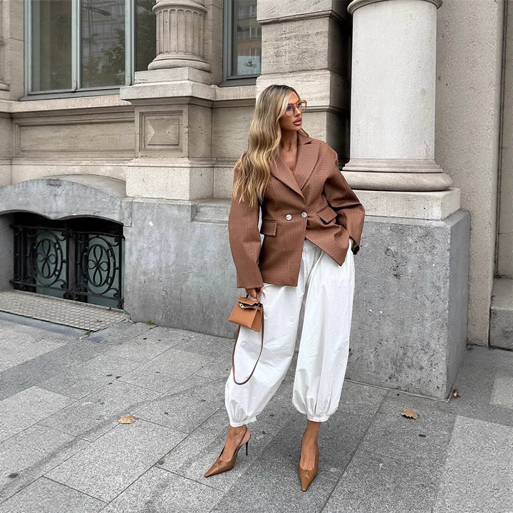Women's Boxy Blazer with tailored draping and structured faux leather look Amarae