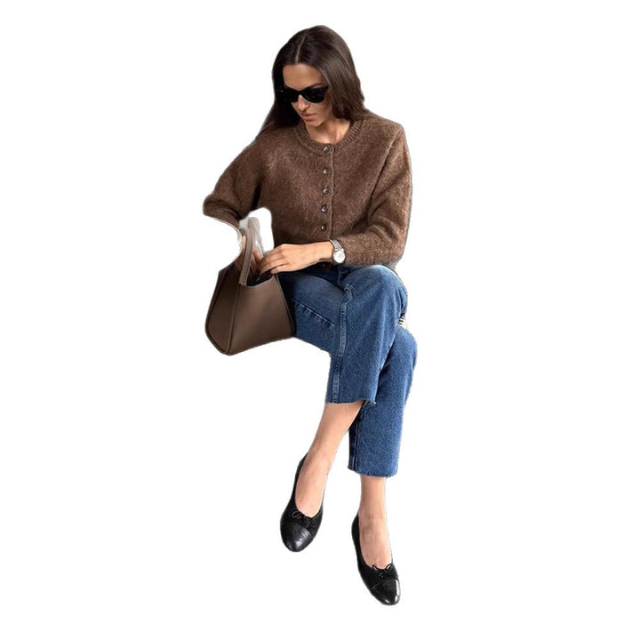 Women Fluffy Cropped Cardigan made of Mohair Mix with Pearl Button Placket Amarae