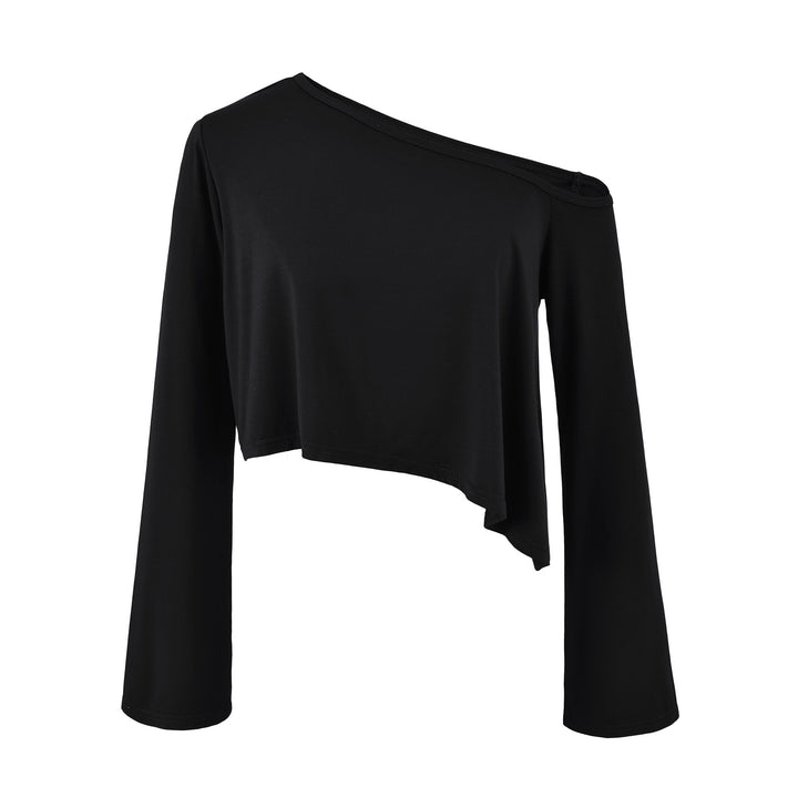 Ladies One-Shoulder Crop Top with Asymmetric Hem and Flared Sleeves Amarae