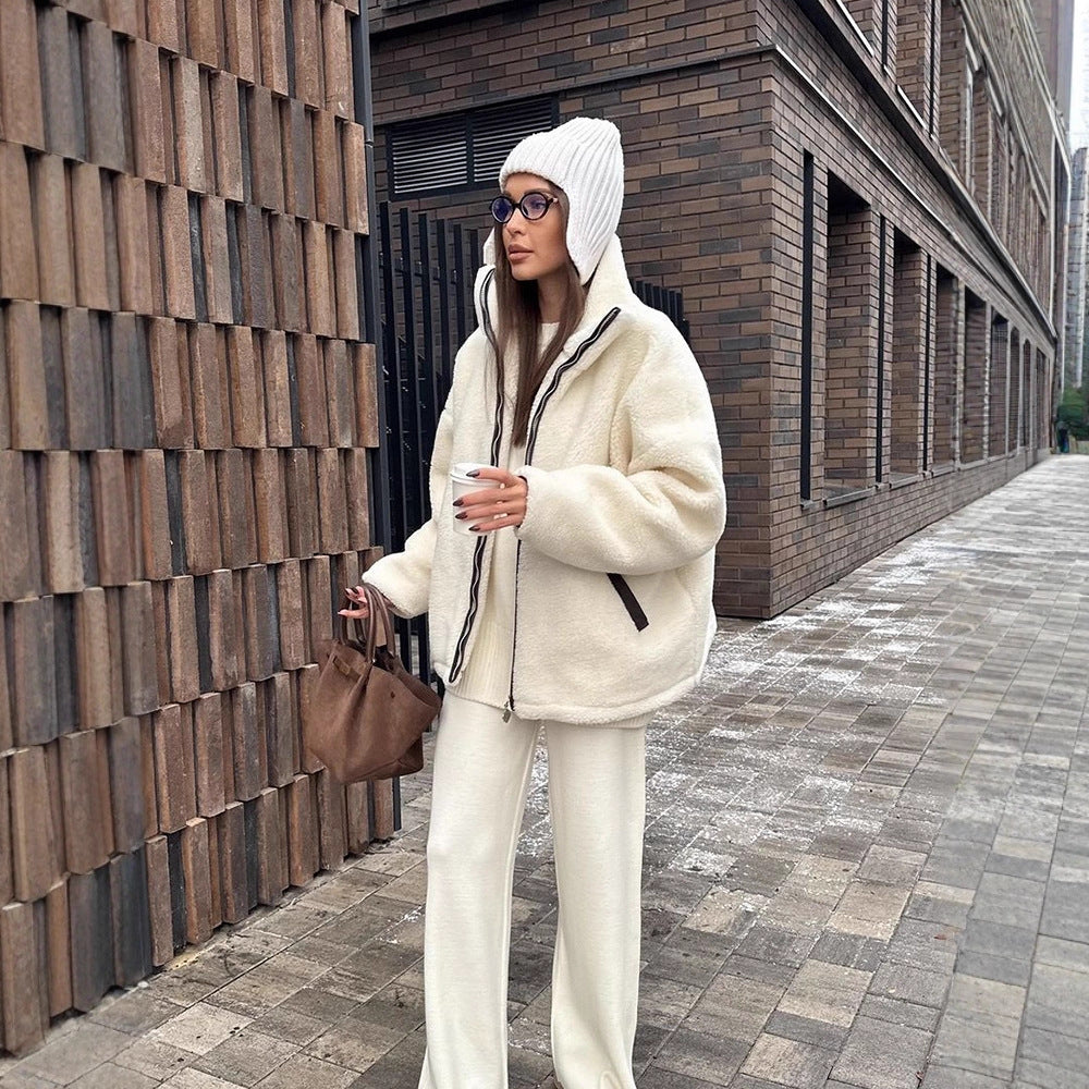 Women's teddy fleece oversized jacket with high stand-up collar, contrasting zip placket and insert pockets