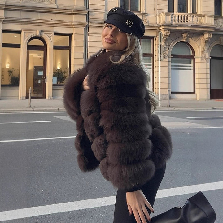 Women's Short Plush Boxy Faux Fur Blouson with Layered Volume Stripes Amarae