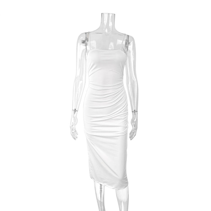 Women's fitted midi dress with strapless shoulders and deep slit Lune London