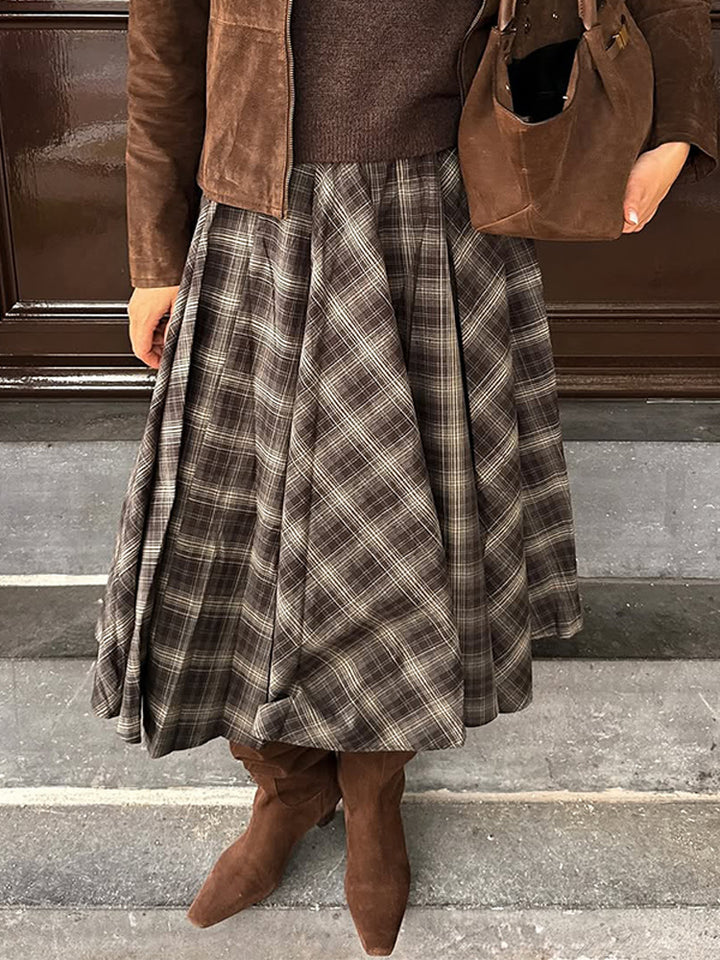 Women's Checked Midi Skirt with Wide Pleated Cut and High Waist Amarae