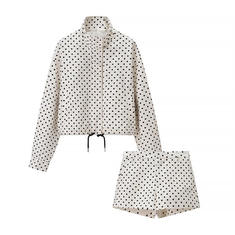 Ladies Two-Piece Polka Dot Linen Blend Set with Boxy Cropped Jacket and High Waist Shorts Amarae
