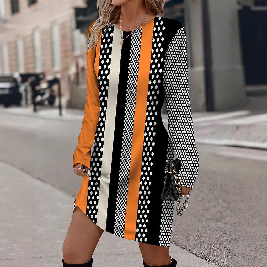 Long sleeves long dress for women with graphic striped pattern and chic dot design Style