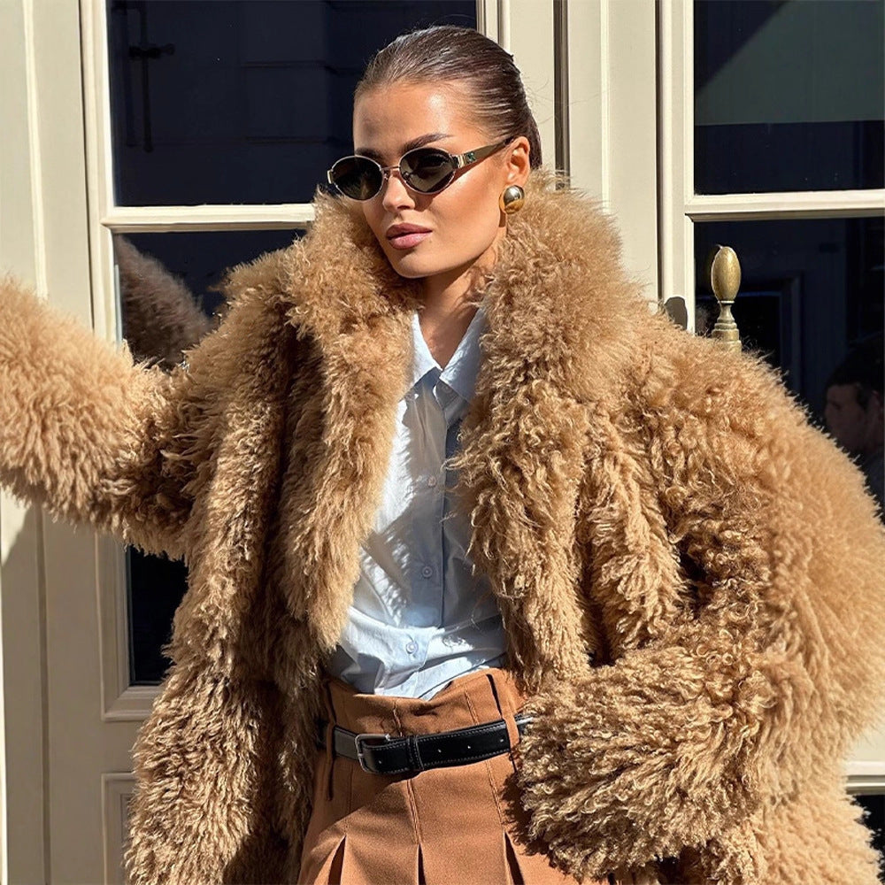 Women’s short coat made of voluminous bouclé faux fur with wrap and waist belt Amarae
