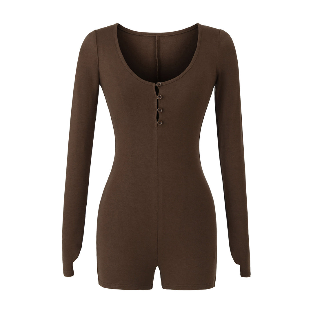 Women Fitted Long Sleeve Bodysuit with Button Placket and Short Shorts Amarae