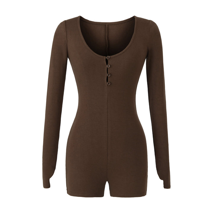 Women Fitted Long Sleeve Bodysuit with Button Placket and Short Shorts Amarae