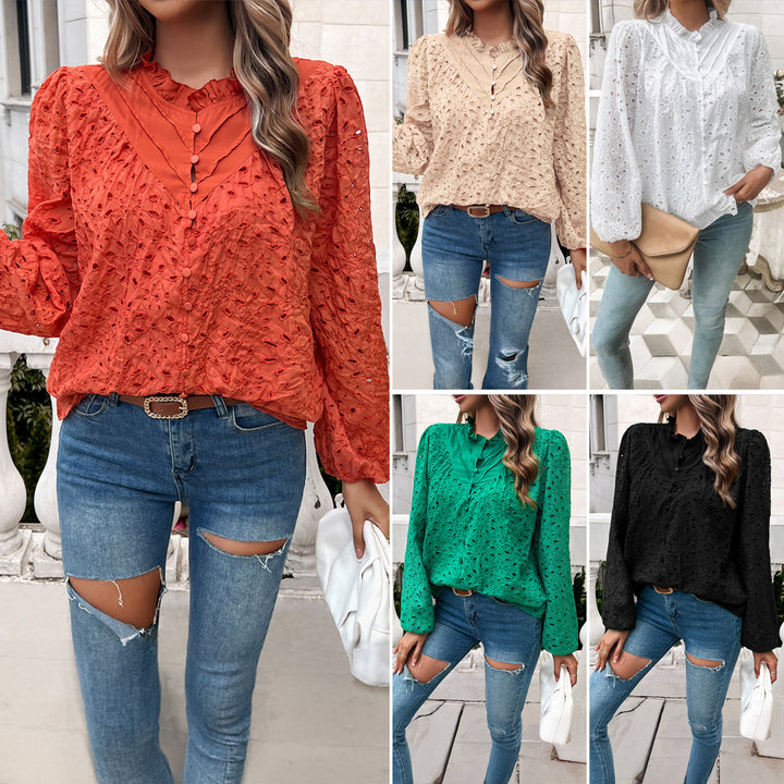 Trendy women's blouse with floral lace embroidery and ruffle details Lune London