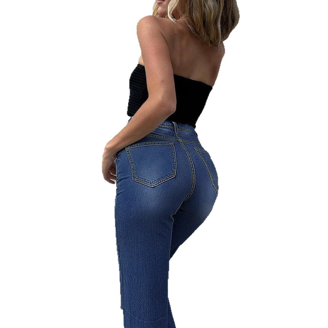 Women High-Waisted Ripped Wide-Leg Jeans with Extra Large Knee Cutouts and Waist-Shaping waistband Amarae