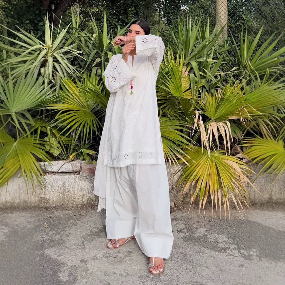 Women Loose Tunic Set with Broderie Anglaise and Wide Harem Pants Amarae