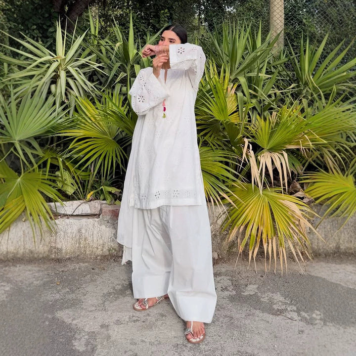 Women Loose Tunic Set with Broderie Anglaise and Wide Harem Pants Amarae