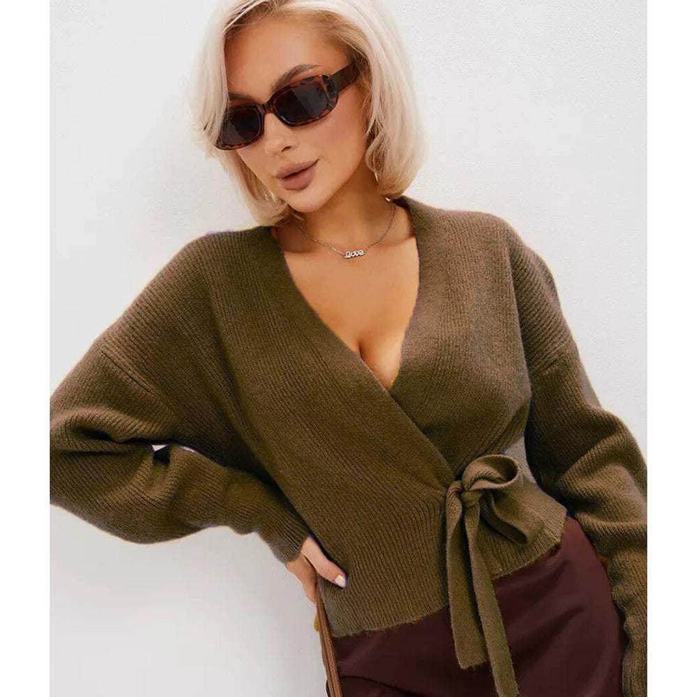 Women's cardigan to tie with deep V-neck and belt Lune London