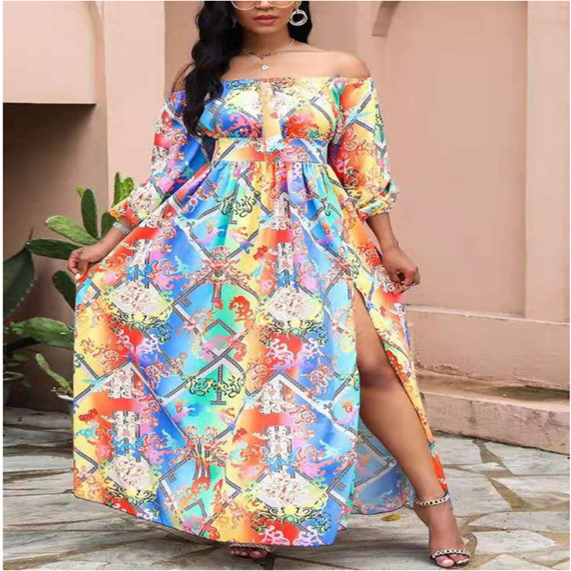 Off-shoulder maxi dress for women with elegant print Lune London