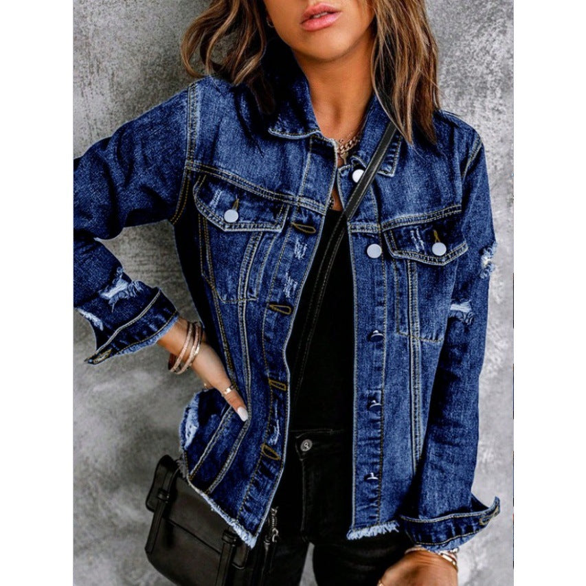 Women Tailored Denim Jacket with Destroyed Accents, Patch Pockets, and Visible Quilted Stitching Amarae