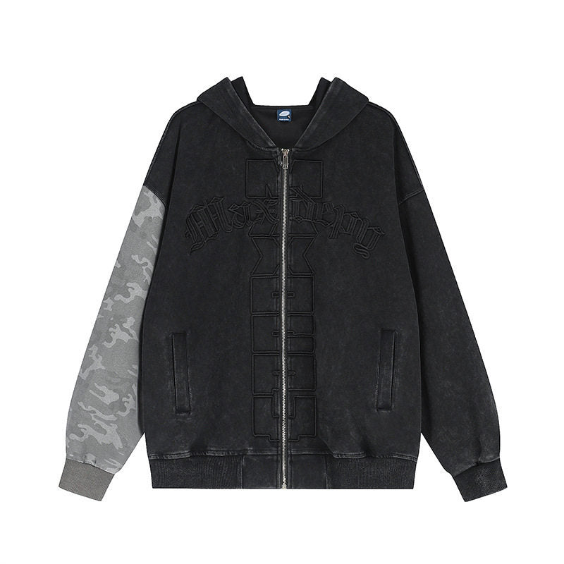 Unisex Oversize Hooded Zip Jacket with Camouflage Sleeves, Washed Effect and Raised Front Embroidery Amarae