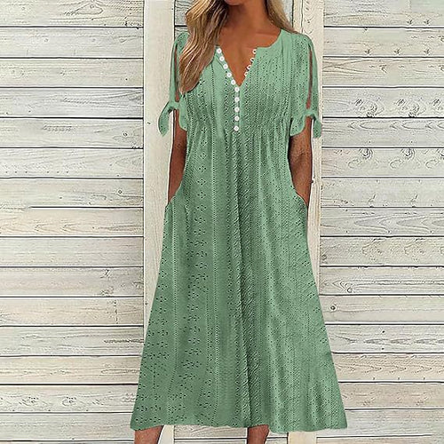 Airy midi dress for women with decorative hole patterns and practical pockets Amarae