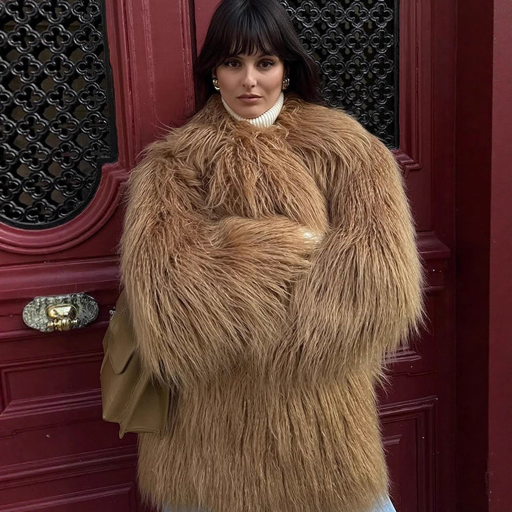 Women's Oversized Shaggy Faux Fur Coat with Long Pile Texture and Concealed Button Placket Amarae