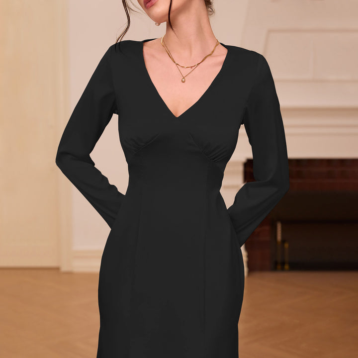 Elegant midi dress for women with V-neck and long sleeves Chic & Stil