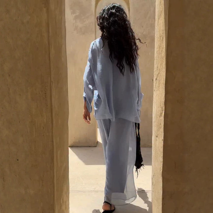 Women's Three-Piece Loungewear Set made of light viscose with oversized blouse, top and wide palazzo pants Amarae