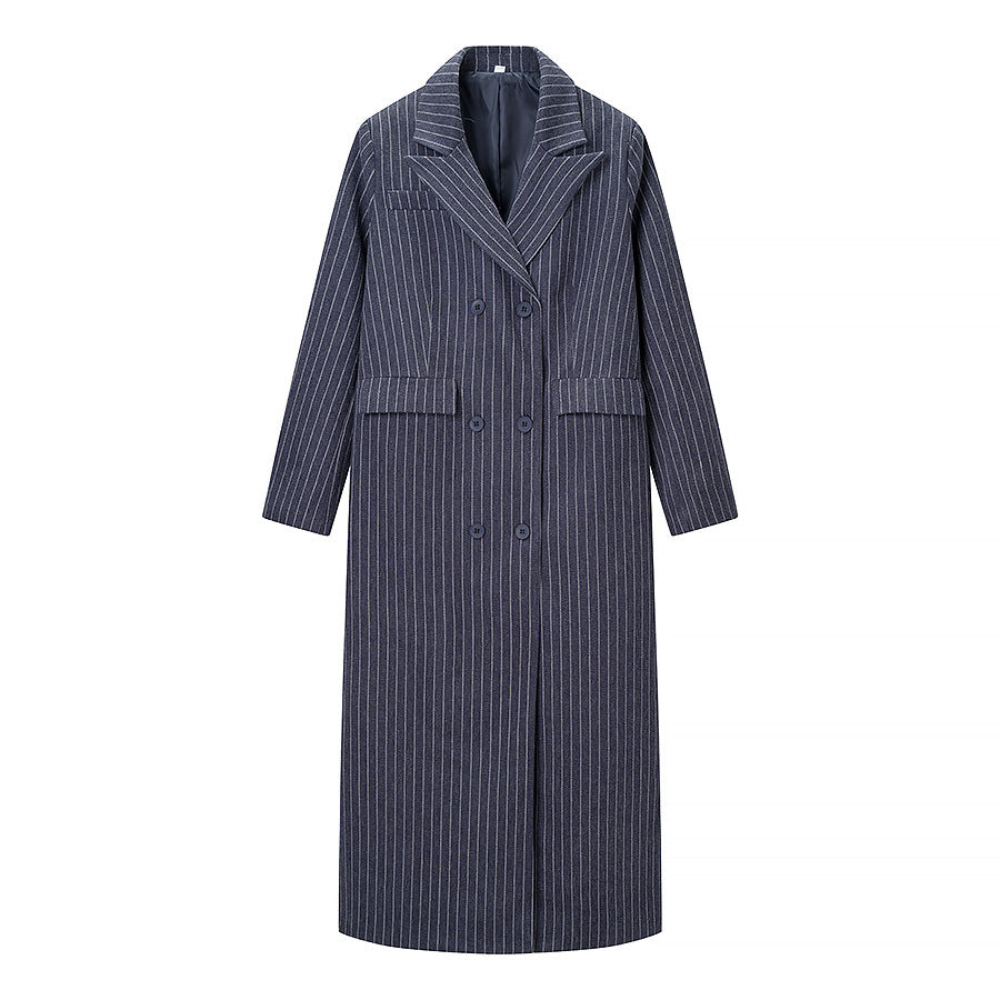 Women Long Double-Breasted Pinstripe Coat with Oversized Shoulder Amarae