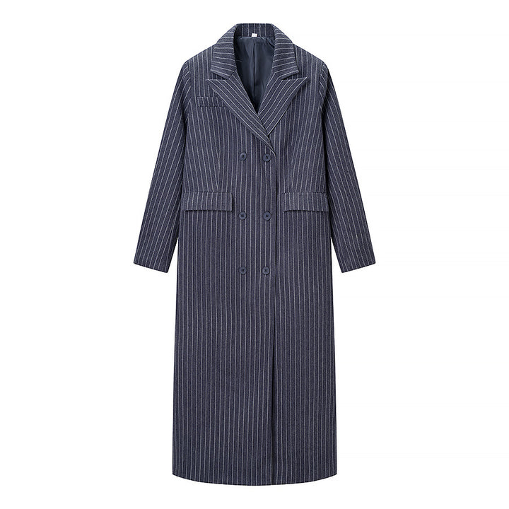 Women Long Double-Breasted Pinstripe Coat with Oversized Shoulder Amarae