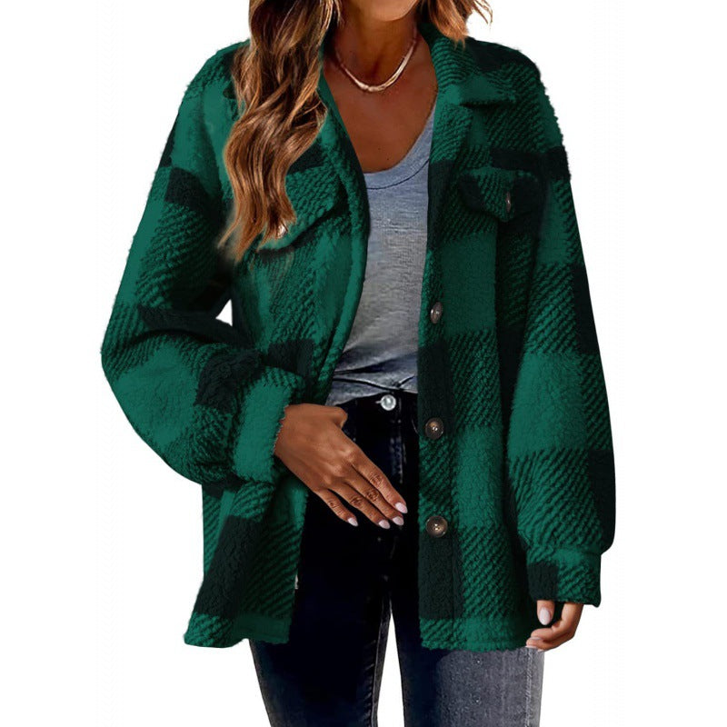 Ladies Plaid Plush Jacket with Snap Button Closure and Convenient Pockets Lune London