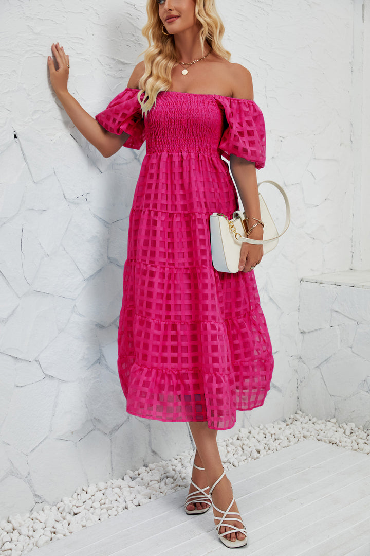 Women’s midi dress with puff sleeves and elastic waist belt Lune London
