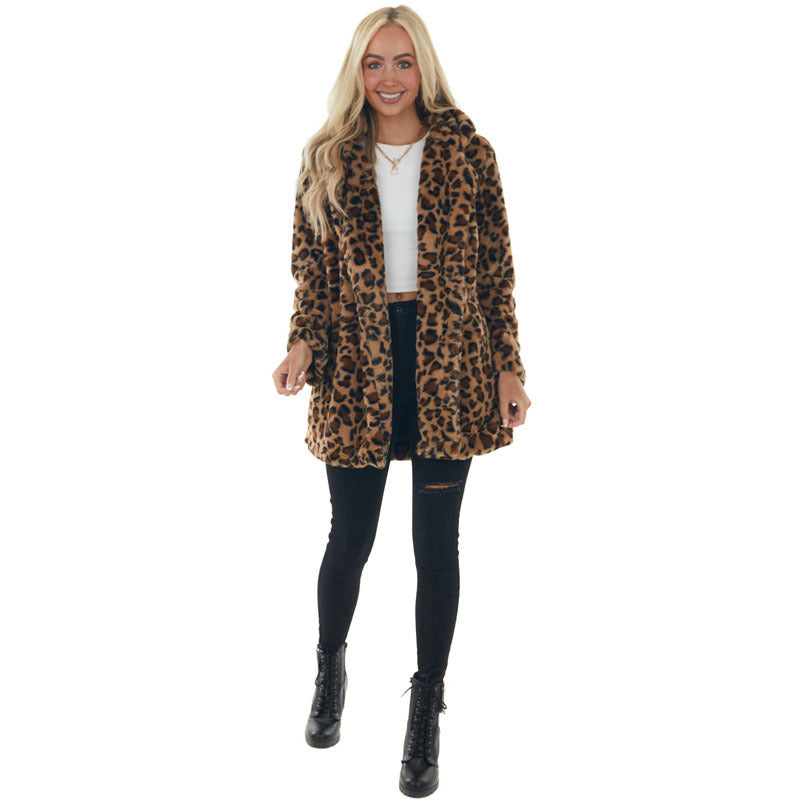 Women Leopard Fleece Jacket Comfortable Open Collar Amarae