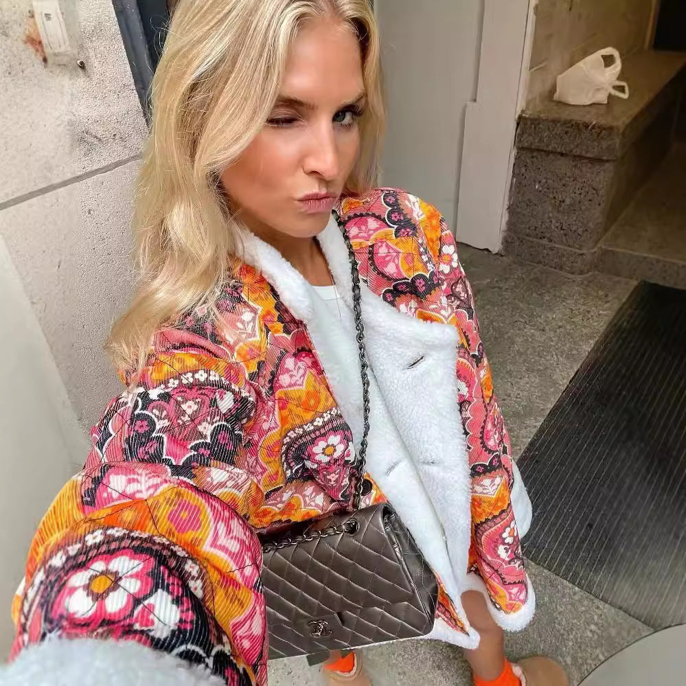 Ladies fashionable quilted jacket with a colorful pattern and soft fleece lining Lune London
