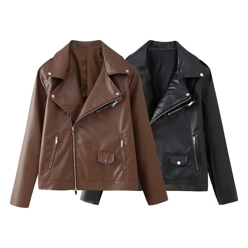 Faux leather jacket for women with asymmetrical zipper and decorative zipper details Amarae