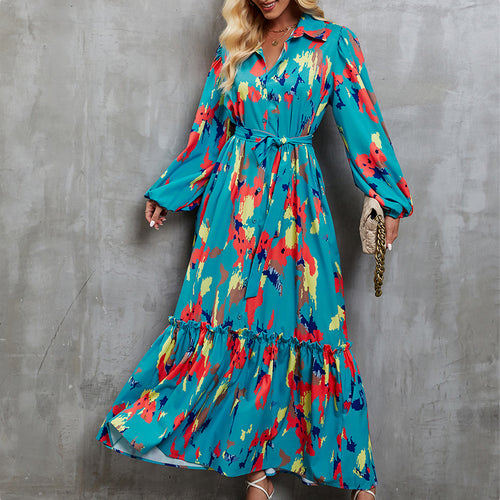 Ladies elegant maxi dress with high neck collar and colorful pattern Amarae