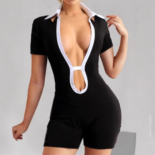 Ladies Mini Sports Jumpsuit with Deep V Neckline and Chic Contrast Collar