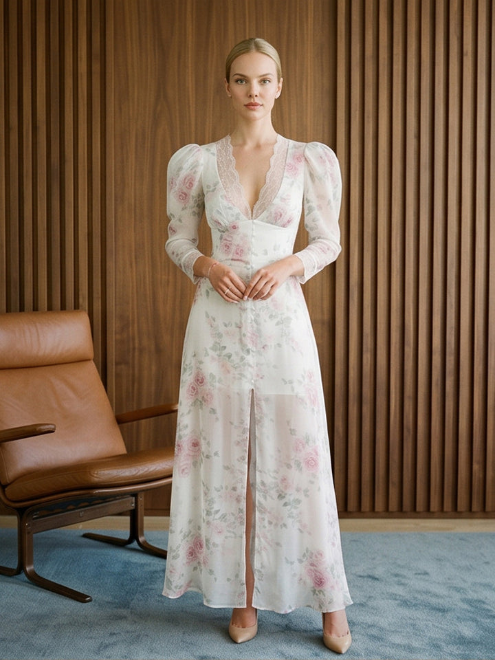 Women's Romantic Chiffon Maxi Dress with Lace V-Neck, Puff Sleeves and Front Slit Amarae