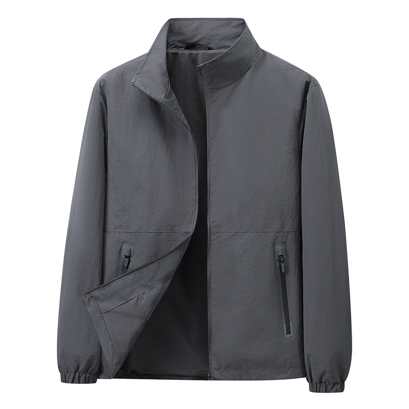 Men's Lightweight Windbreaker Outdoor Jacket with Stand Collar, Two-way Zipper and Concealed Pockets Amarae