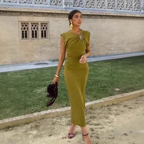 Elegant jersey dress for women with detailed ruffles and refined jewelry element Amarae