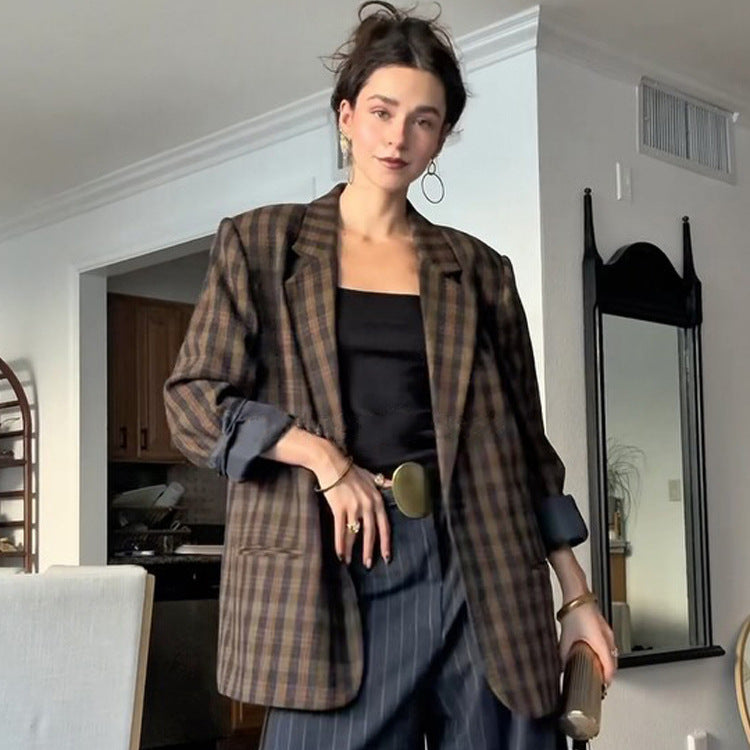 Women’s oversized check blazer with boxy silhouette and dropped shoulders Amarae