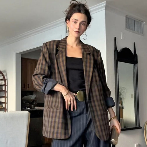Women’s oversized check blazer with boxy silhouette and dropped shoulders Amarae