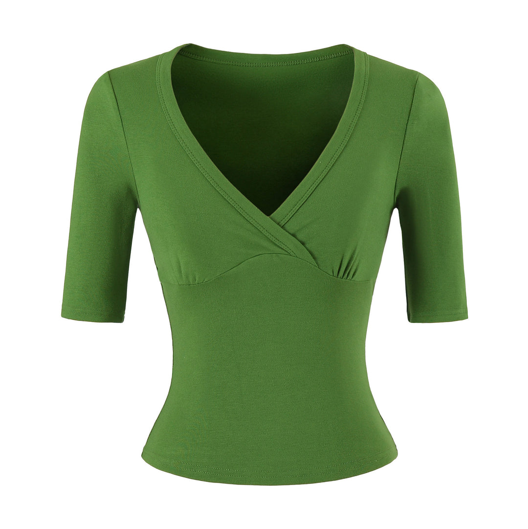 Women's body-hugging wrap shirt with deep V-neck, three-quarter sleeves, and waist accentuation Amarae
